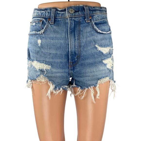 Abercrombie & Fitch Blue Distressed Frayed High Waist Denim Jeans Mom Shorts 25 - Picture 1 of 5